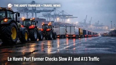Tractors and queued trucks at Le Havre port farmer checks, signaling delays on Normandy road transfers