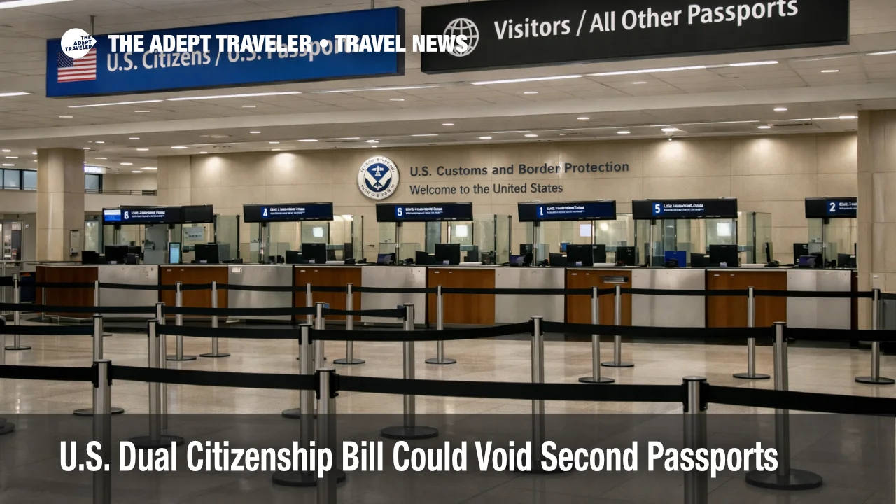 U.S. dual citizenship bill context, empty U.S. passport control booths at JFK highlight possible rule changes