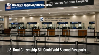 U.S. dual citizenship bill context, empty U.S. passport control booths at JFK highlight possible rule changes