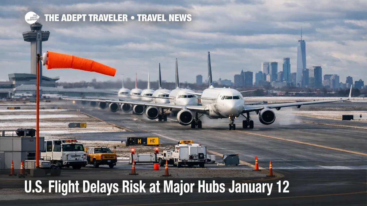U.S. flight delays January 12 as jets queue in gusty winds at a New York hub, raising misconnect risk