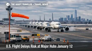 U.S. flight delays January 12 as jets queue in gusty winds at a New York hub, raising misconnect risk