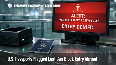 Empty immigration desk shows alert for U.S. passports flagged lost, signaling possible entry denial abroad