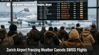 Zurich Airport SWISS cancellations show on departures board as de icing delays strand winter travelers