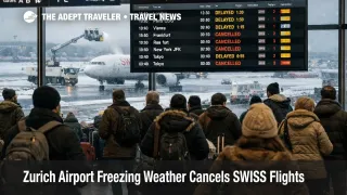 Zurich Airport SWISS cancellations show on departures board as de icing delays strand winter travelers
