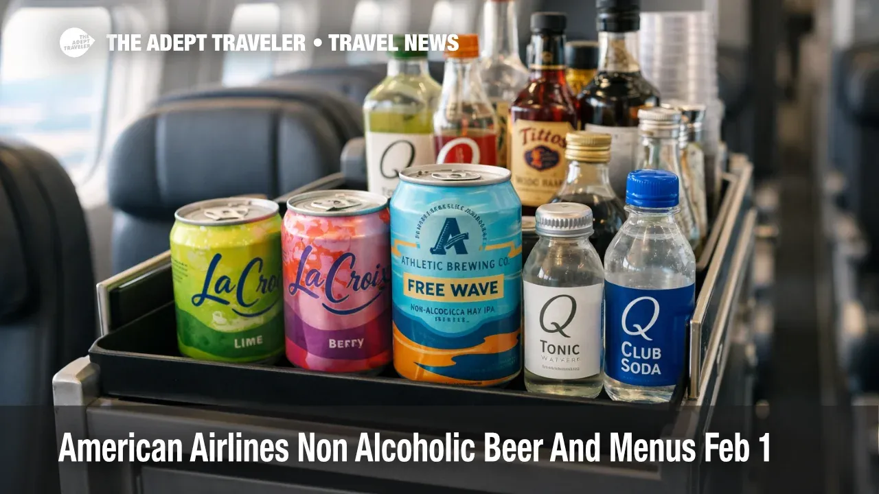 American Airlines non alcoholic beer option shown on cart as Feb 1 menus roll out for U.S. flights