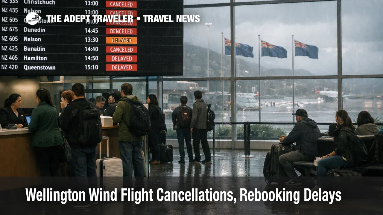 Wellington wind flight cancellations shown on departures board as Air NZ passengers wait to rebook at WLG