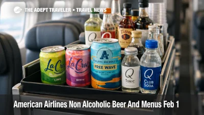American Airlines non alcoholic beer option shown on cart as Feb 1 menus roll out for U.S. flights