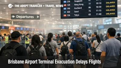 Brisbane Airport evacuation delays as travelers re form check in lines under a departures board showing delays