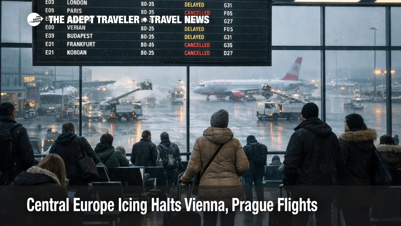 Central Europe airport icing shows Vienna departures board with delays and travelers waiting as deicing slows flights