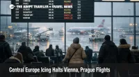 Central Europe airport icing shows Vienna departures board with delays and travelers waiting as deicing slows flights