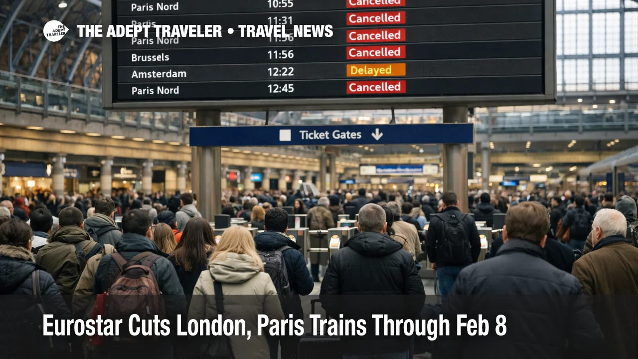 Crowded St Pancras as London Paris Eurostar trains sell out during Eurostar cancellations January 2026