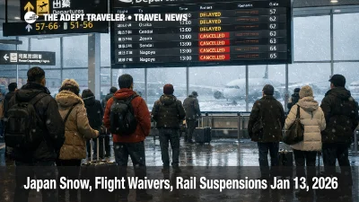 Japan snow flight waivers show on a New Chitose departures board as travelers face delays on Jan 13