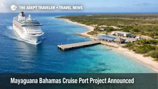 Mayaguana cruise port project scene, a ship nearing a small pier on a remote Bahamian coastline
