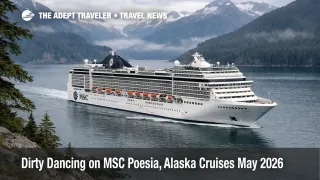 MSC Poesia Dirty Dancing concert Alaska sailing, ship underway in the Inside Passage under overcast skies