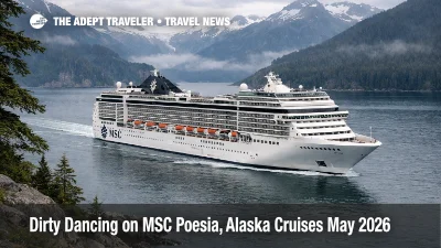 MSC Poesia Dirty Dancing concert Alaska sailing, ship underway in the Inside Passage under overcast skies