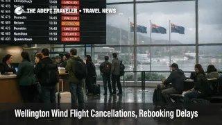 Wellington wind flight cancellations shown on departures board as Air NZ passengers wait to rebook at WLG