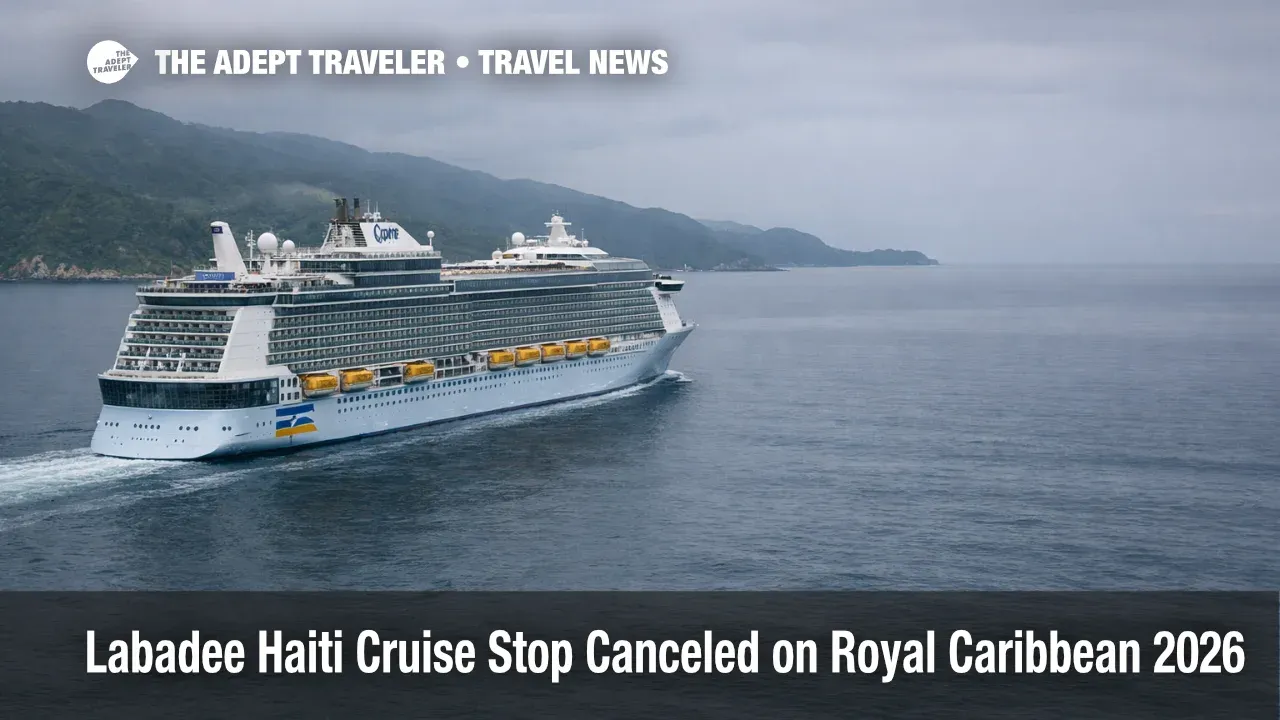 Labadee Haiti cruise stop canceled, a Royal Caribbean ship sails past the coast under gray skies after port calls are paused
