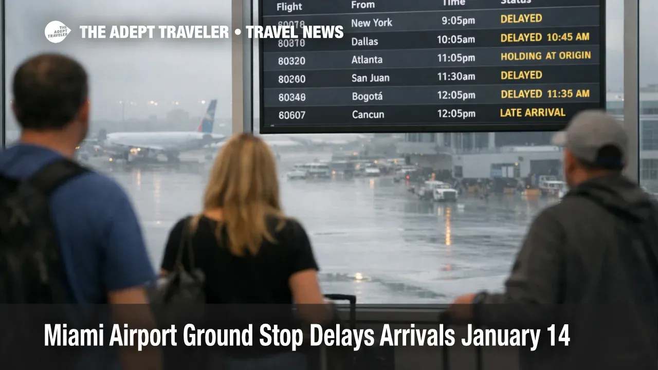 Miami airport ground stop as foggy low ceilings slow arrivals at Miami International Airport with delay boards
