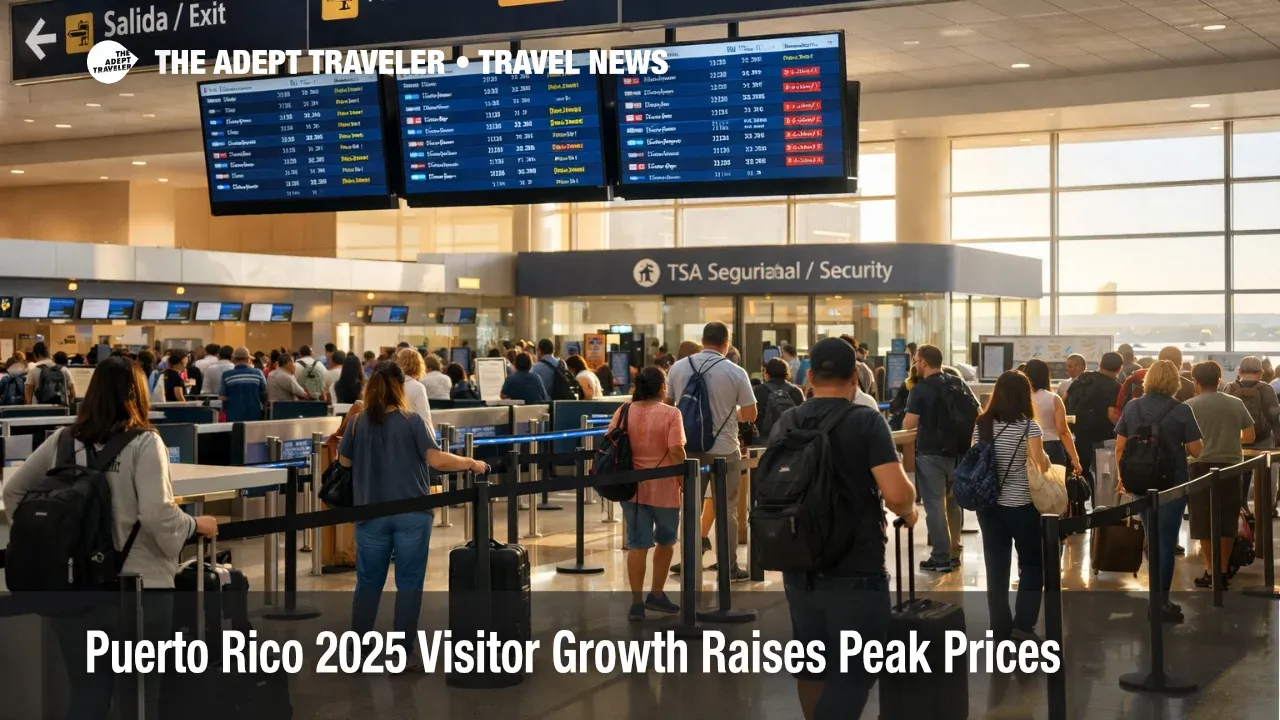 Puerto Rico visitor arrivals 2025, busy SJU terminal queues signal tighter flights and higher lodging demand