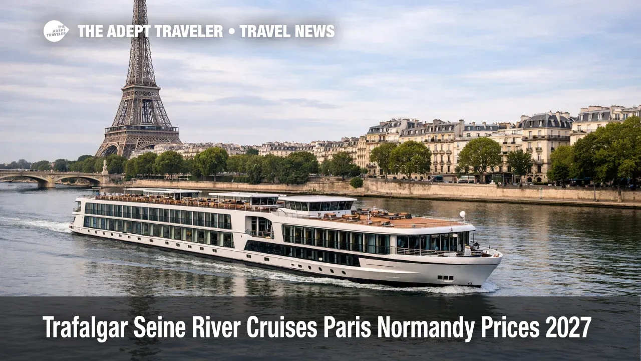 Trafalgar Seine river cruise ship sails past Paris landmarks, illustrating new 2027 Paris and Normandy itinerary planning