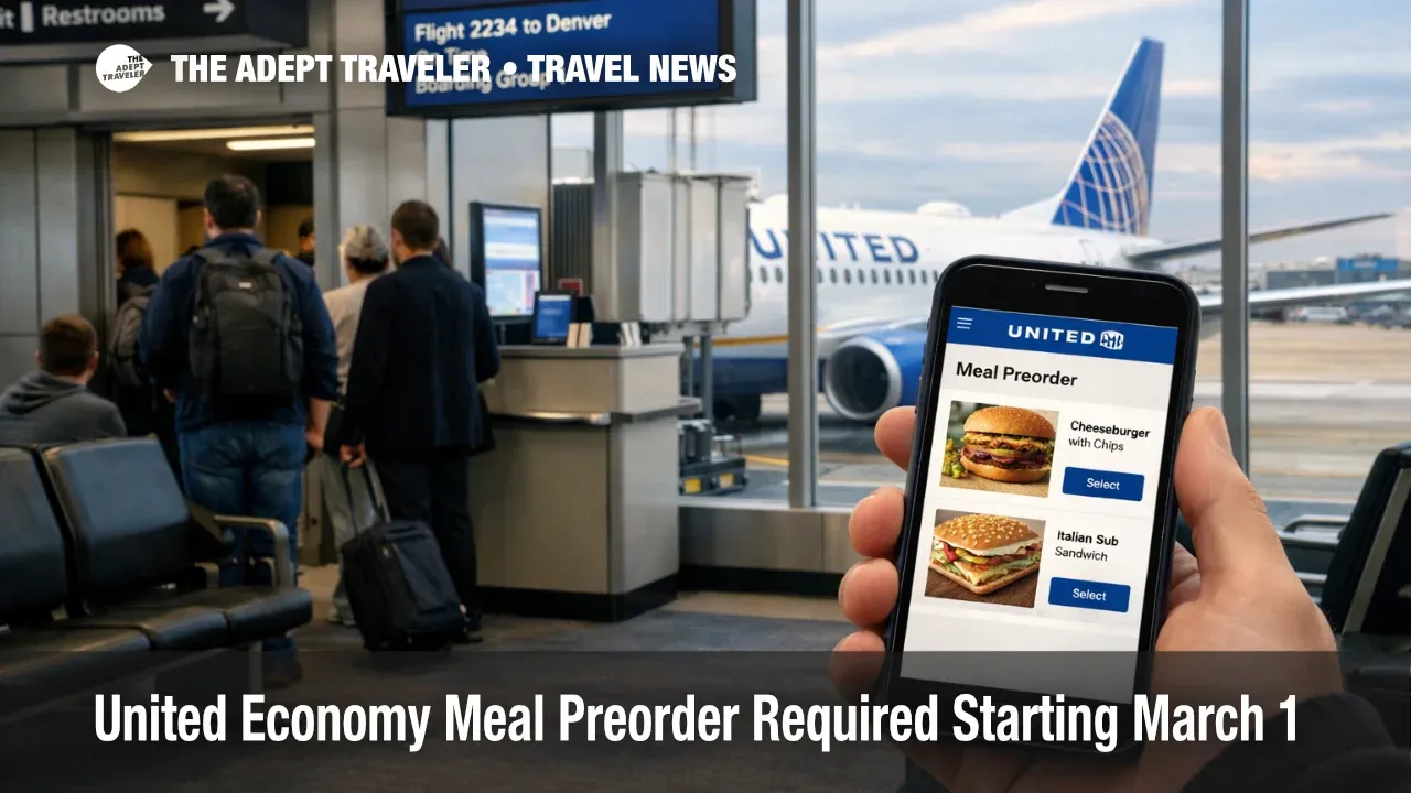 United economy meal preorder shown on a phone at the gate as travelers board a 1,190 mile plus flight