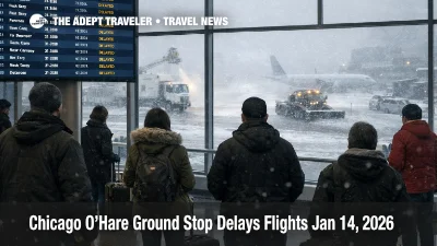 Traveler checks screens at Chicago O'Hare as a ground stop during a snow squall drives delays
