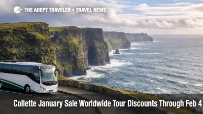 Collette January sale tour discounts shown by a tour coach at Cliffs of Moher, helping travelers plan savings