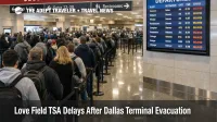Passengers queue at Dallas Love Field as DAL TSA screening delays follow a terminal evacuation and rescreening