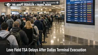 Passengers queue at Dallas Love Field as DAL TSA screening delays follow a terminal evacuation and rescreening