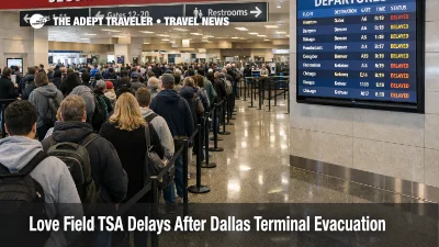 Passengers queue at Dallas Love Field as DAL TSA screening delays follow a terminal evacuation and rescreening
