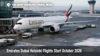 Emirates Dubai Helsinki flights, A350 at Helsinki Vantaa gate, signals new nonstop option starting October 2026