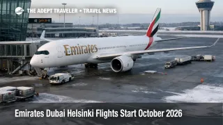 Emirates Dubai Helsinki flights, A350 at Helsinki Vantaa gate, signals new nonstop option starting October 2026