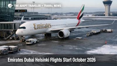 Emirates Dubai Helsinki flights, A350 at Helsinki Vantaa gate, signals new nonstop option starting October 2026