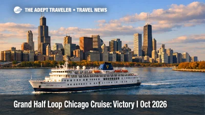 Grand Half Loop Chicago cruise ship sails past the skyline, signaling a one way Victory I voyage and planning complexity
