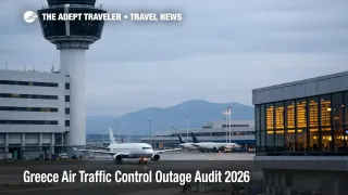 Greece air traffic control outage, Athens airport control tower scene suggesting delays and fragile connections for travelers