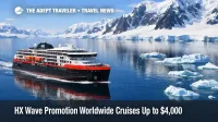 HX Wave promotion expedition cruises, ship underway near Neko Harbour, signals limited time savings for Antarctica sailings