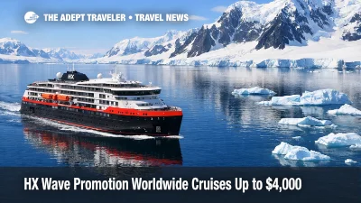 HX Wave promotion expedition cruises, ship underway near Neko Harbour, signals limited time savings for Antarctica sailings