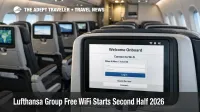 Lufthansa Group free WiFi rollout begins, cabin screens show onboard WiFi login as the aircraft cruises above clouds