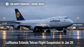 Lufthansa Tehran flight suspension forces reroutes as a Lufthansa jet sits grounded at Frankfurt Airport on a wet winter taxiway