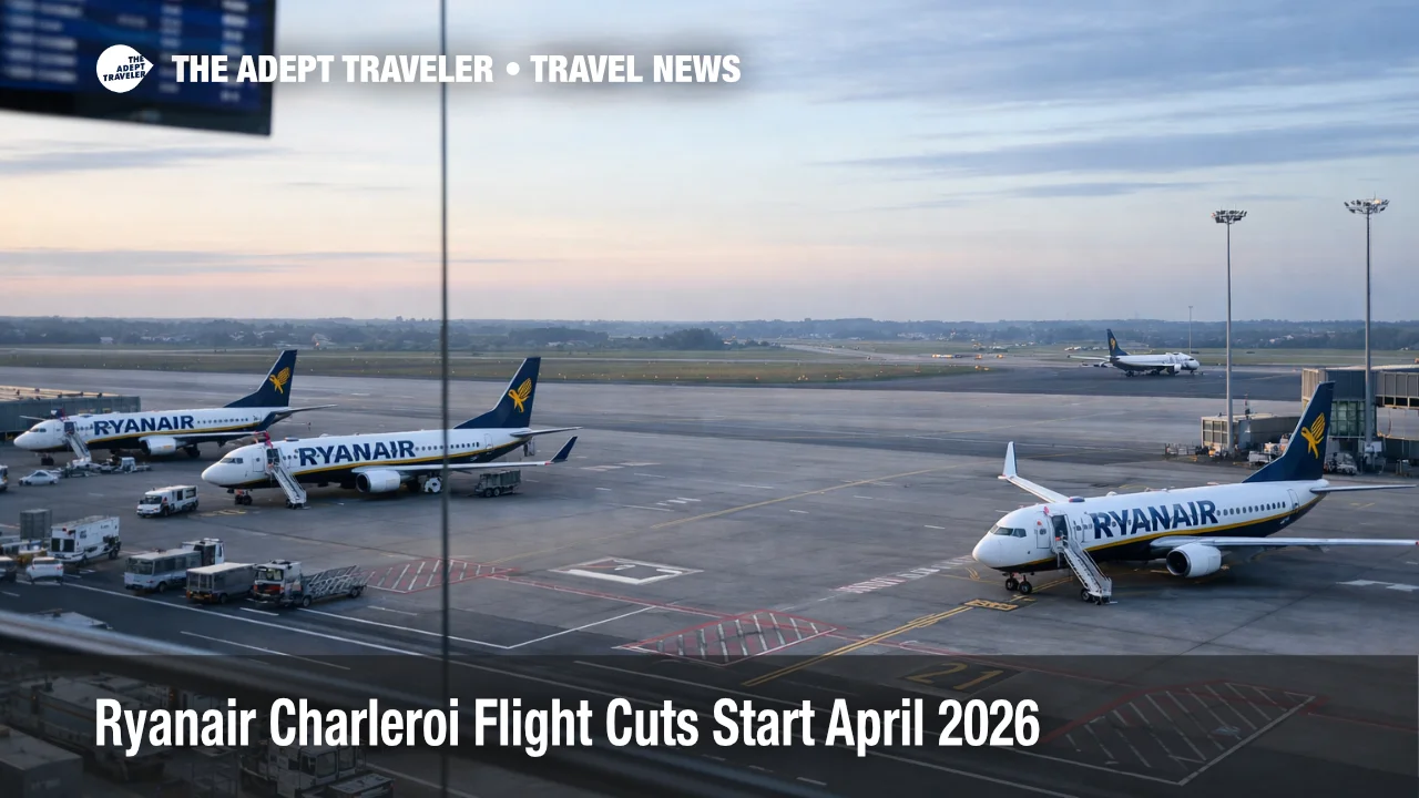 Ryanair Charleroi capacity cut shown by fewer aircraft at CRL gates, signaling tighter spring and summer 2026 seats