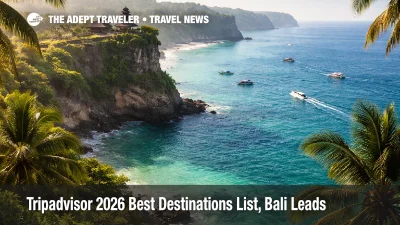Tripadvisor 2026 best destinations list points to Bali, Indonesia, shown by a cliffside temple above a busy coastline
