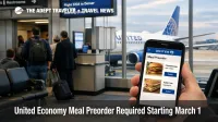 United economy meal preorder shown on a phone at the gate as travelers board a 1,190 mile plus flight
