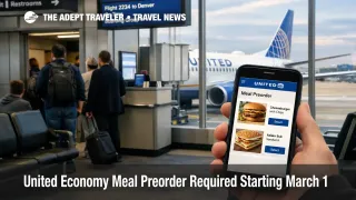 United economy meal preorder shown on a phone at the gate as travelers board a 1,190 mile plus flight