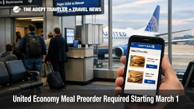 United economy meal preorder shown on a phone at the gate as travelers board a 1,190 mile plus flight