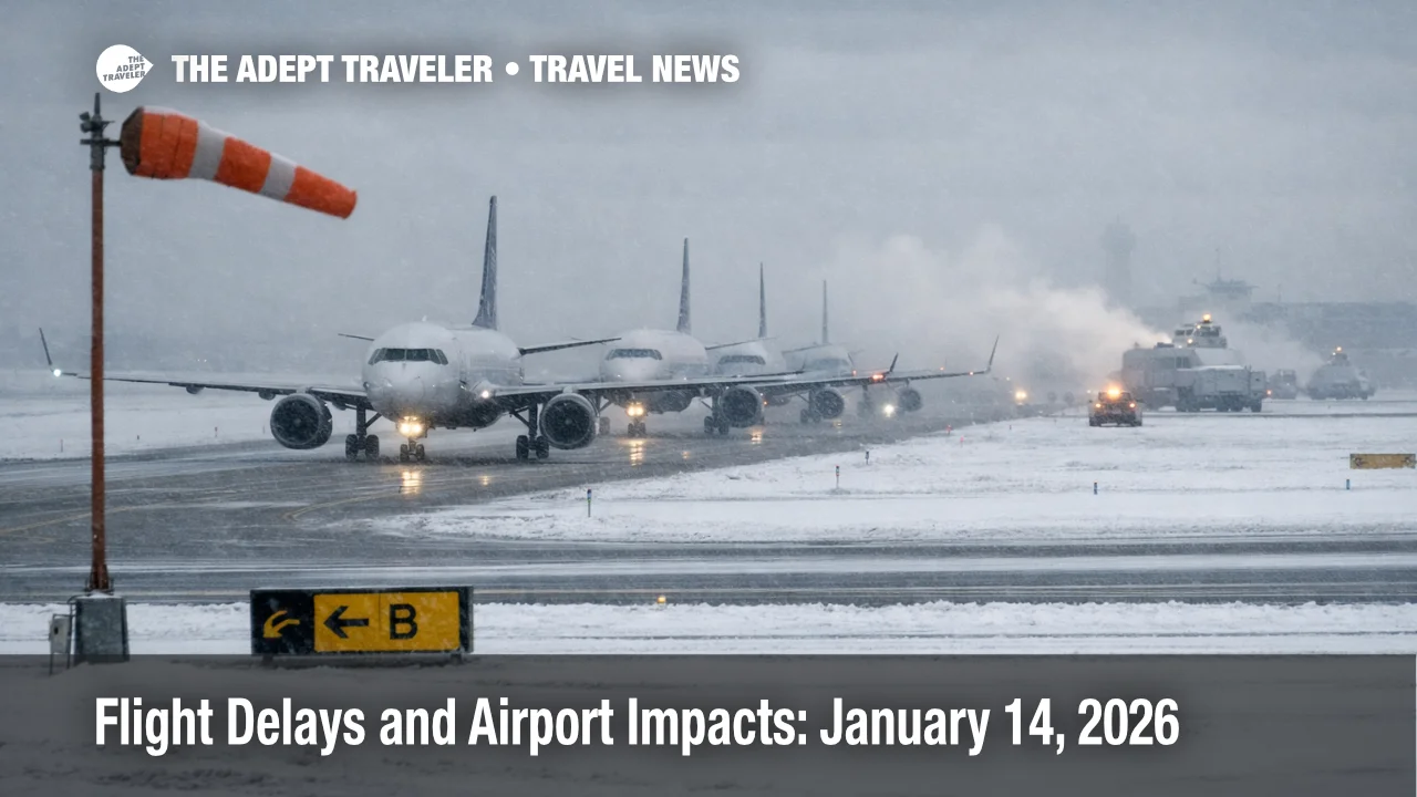 U.S. flight delays January 14 scene, jets queue on a snowy runway under low clouds at a major hub
