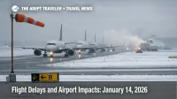 U.S. flight delays January 14 scene, jets queue on a snowy runway under low clouds at a major hub