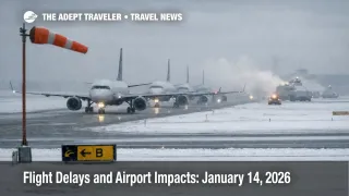 U.S. flight delays January 14 scene, jets queue on a snowy runway under low clouds at a major hub