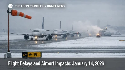 U.S. flight delays January 14 scene, jets queue on a snowy runway under low clouds at a major hub