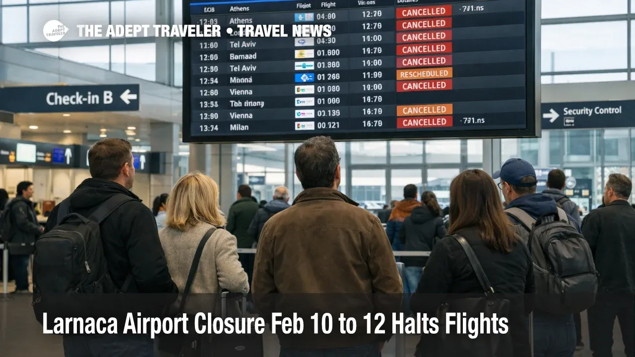 Larnaca airport closure shows on departures board at LCA as travelers face canceled and retimed flights