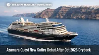 Azamara Quest new suites shown on a small cruise ship underway in the Aegean, signaling the December 18, 2026 refresh